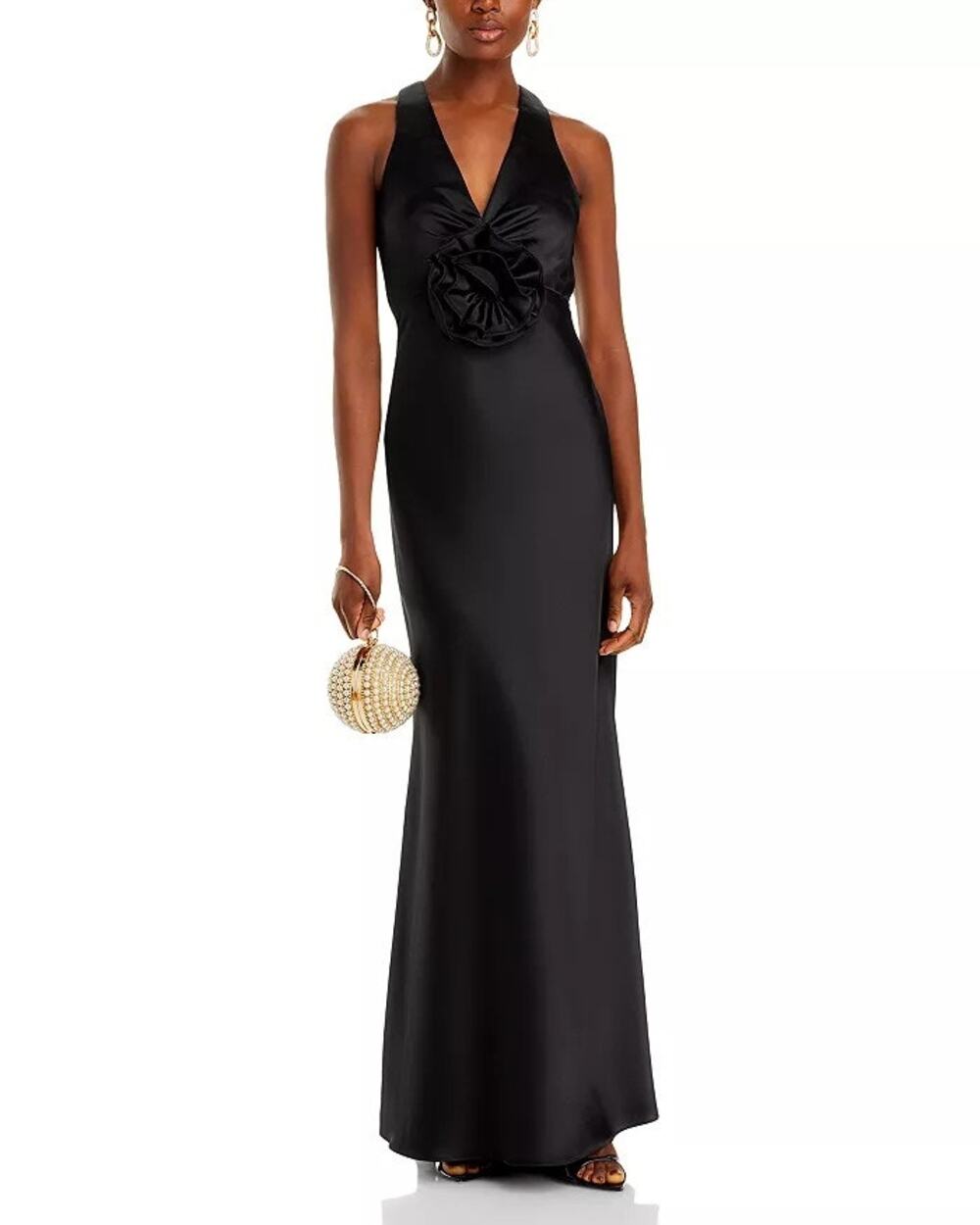 NWT AQUA Long Satin Flower Detail Low Back Maxi Dress Size 6